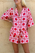 Casual Vacation Print Pocket Turndown Collar Short Sleeve Two Pieces