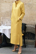 Casual Solid Pocket Mandarin Collar Long Sleeve Dresses(3 Colors)