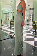 Elegant Solid Backless Asymmetrical Halter Long Sleeve Two Pieces