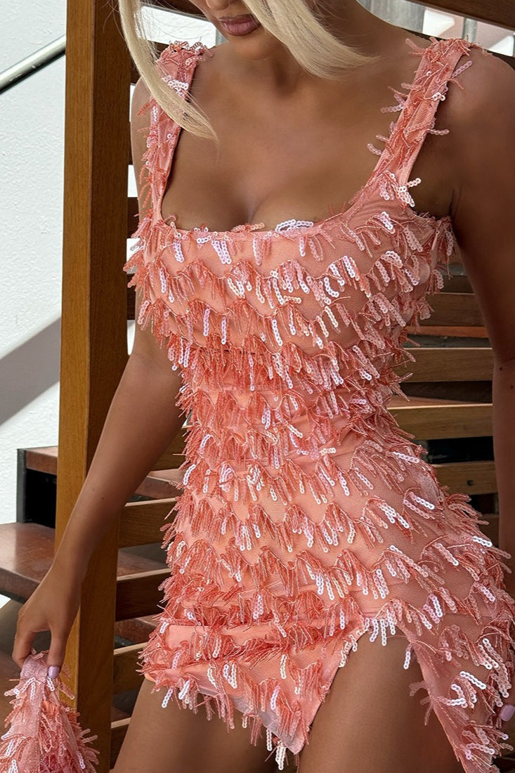 Square Neck Wide Strap Tiered Sequin Fringe Thigh Slit Bodycon Mini Dress