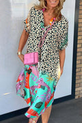 Short Sleeves Side Slit Leopard Splice Printed Midi Dress
