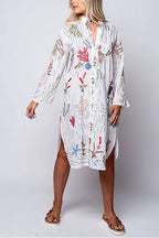 V Neck Long Sleeves Side Split Embroidery Shirt Dress