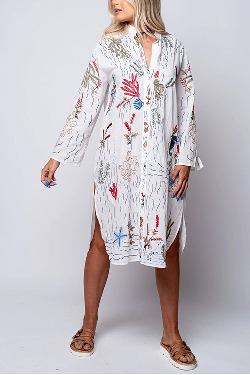V Neck Long Sleeves Side Split Embroidery Shirt Dress