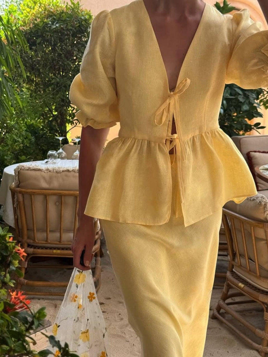 Two-piece Set: Puff-sleeved V-neck Tie-front Top And High-waisted Skirt