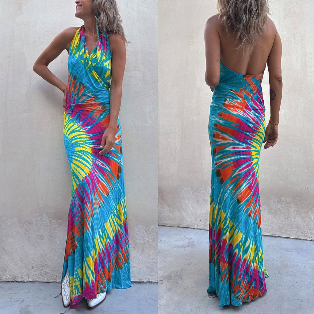 Sleeveless Halter Backless Maxi Tie Dye Dress