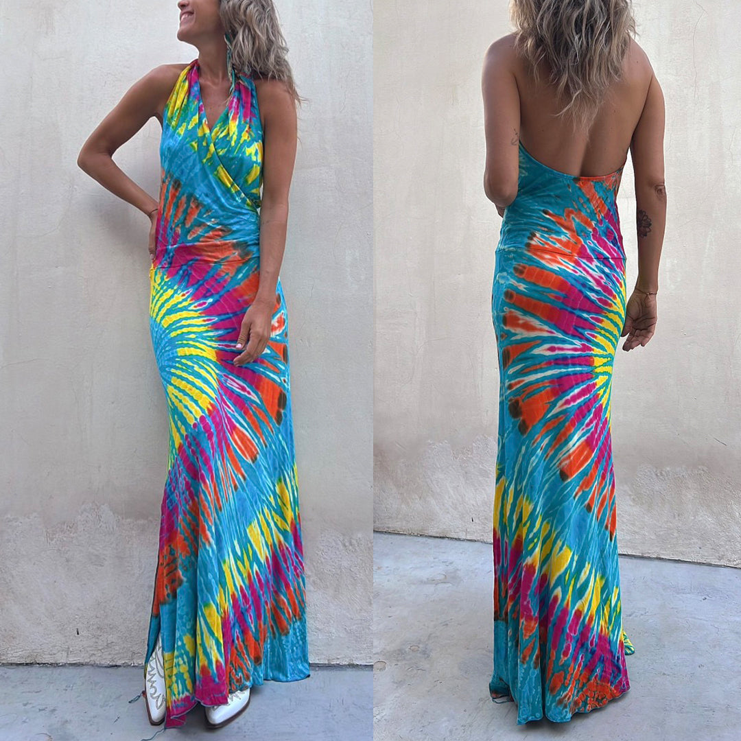 Sleeveless Halter Backless Maxi Tie Dye Dress