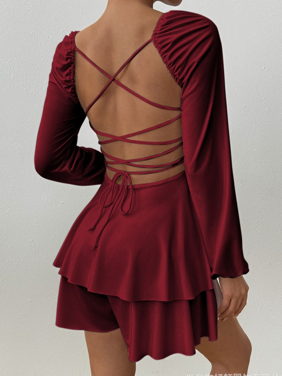Temperament Grace Ruffle Long Sleeve Backless Lace Up Mini&Short Dresses