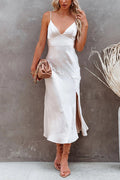 Adjustable Strap V Neck Slit Midi Dress