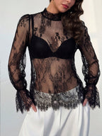 Lace Trim Long Sleeve Base Layer Mesh&Sheer Tops