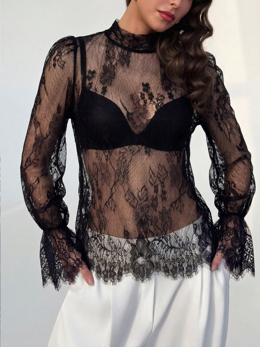 Lace Trim Long Sleeve Base Layer Mesh&Sheer Tops