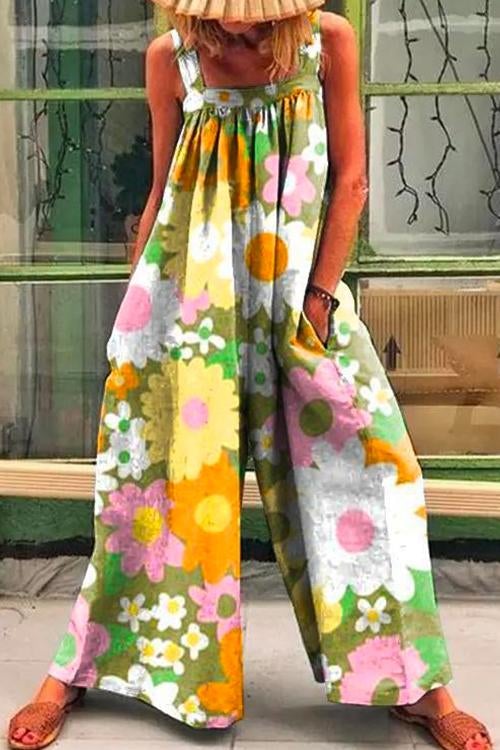 Wide Strapes Baggy Foral Printed Jumpsuit