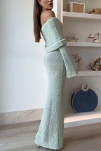 Off Shoulder Long Sleeves Bodycon Knit Maxi Dress