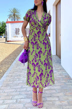 Cross V Neck Balloon Sleeves Printed Midi Dress
