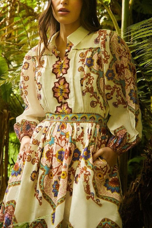 Lantern Sleeves Button Up Waisted Bohemia Print Mini Dress