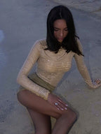 Nude Rhinestone See-through Tight-fitting Long-sleeved Top