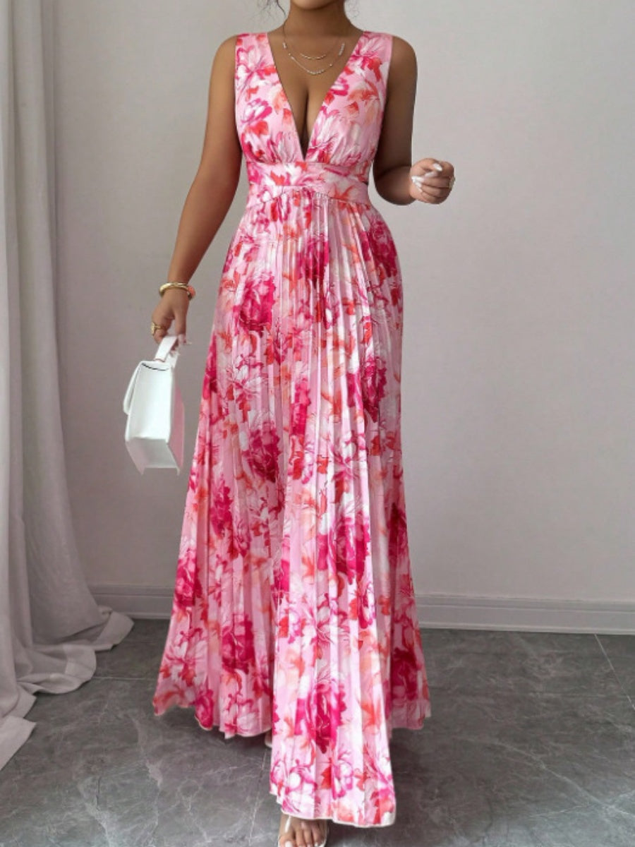 Sexy Deep V-neck Sleeveless Floral Print Maxi Dress With Slit Hem And Pleats