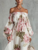 Off Shoulder Balloon Sleeve All-over Print Maxi Dresses