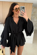 Textured Bell Sleeve Tie Waist Deep V-Neck Romper