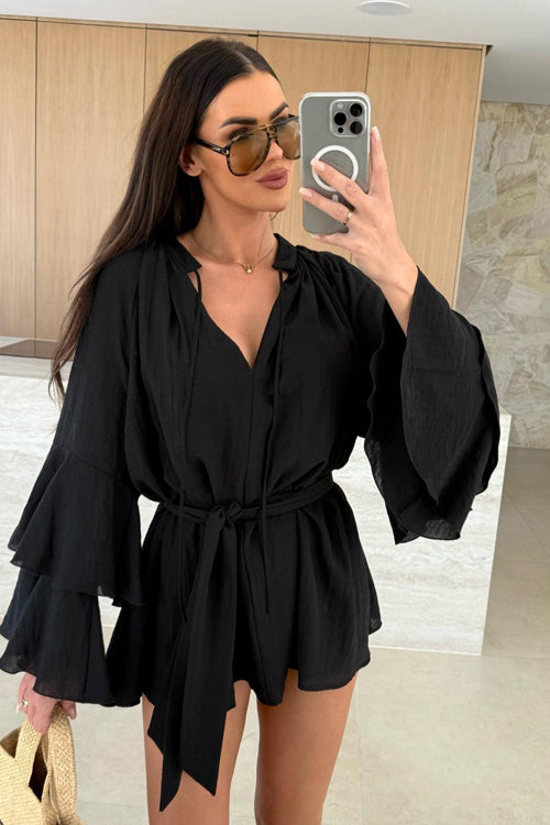 Textured Bell Sleeve Tie Waist Deep V-Neck Romper