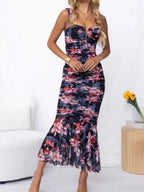 Printed Gathering Camisoles V-neck Ruffle Maxi Dresses