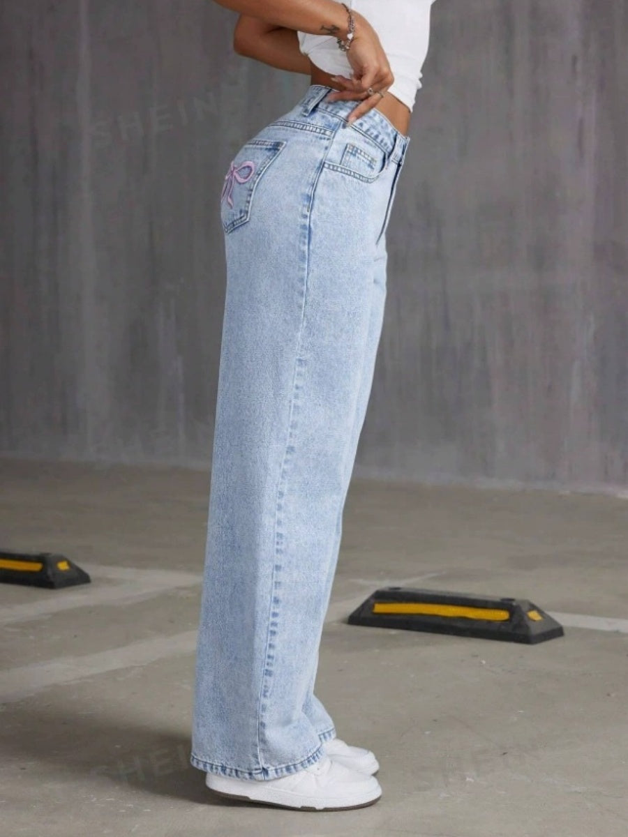 Liber Autumn Women's Embroidery Bow Jeans