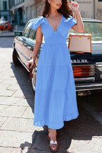 V Neck Shirred Waist Ruffle Tiered Maxi Dress