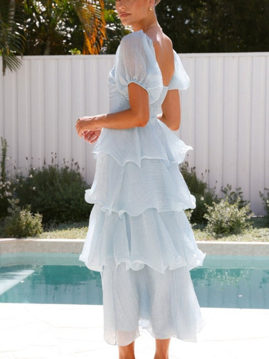 Square Collar Puff Sleeve Cake Skirt Vacation Parties Maxi Dresses