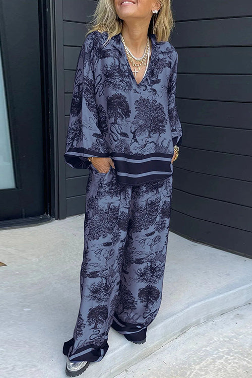 Lapel V Neck Long Sleeves Shirt Wide Leg Pants Printed Casual Set