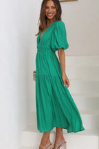 Deep V-Neck Smocked Waist Puff Sleeve Tiered Midi Dress