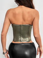 Leather Stitching Lace See-through Herringbone Buckle Backless Tube Top Tank Tops