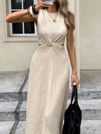 Crew Neck Sleeveless Kink Slim-fit Maxi Dresses