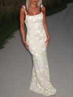 Sexy Halter-neck Bodycon Long Dress With Three-dimensional Floral Pattern