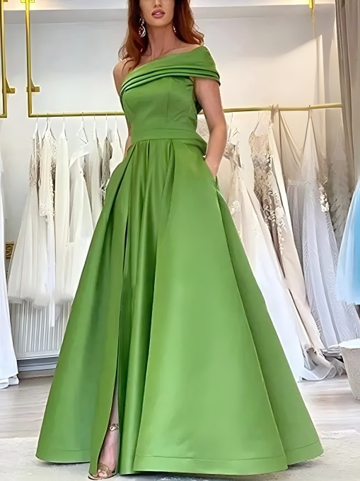 One-shoulder Satin Sequined Slit Maxi Dress
