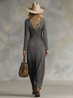 Long-sleeved V-neck Split Solid Color Denim Maxi Dress