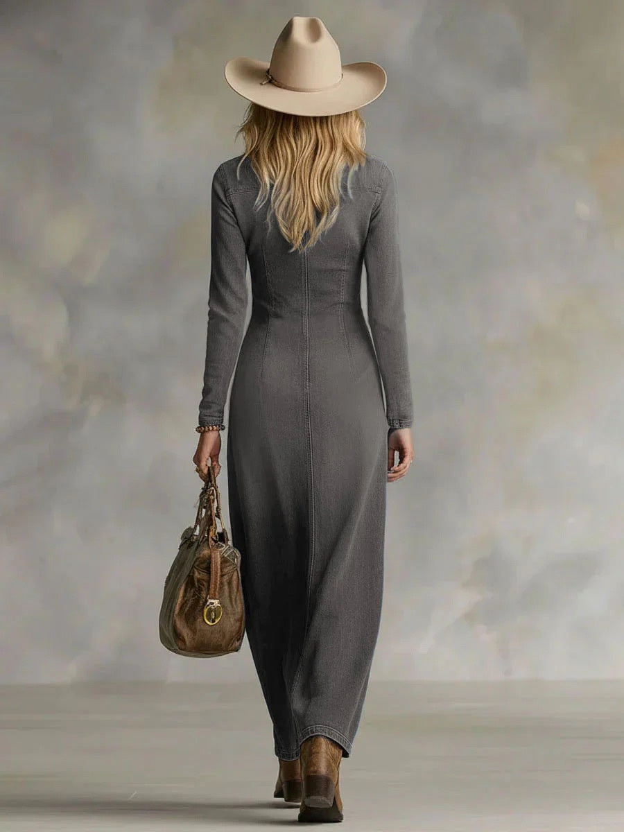 Long-sleeved V-neck Split Solid Color Denim Maxi Dress