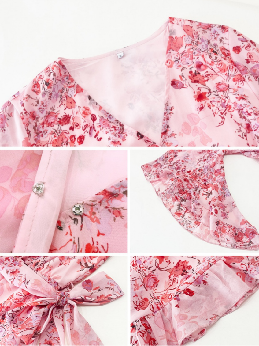 Floral Print Tie-waist Chiffon Short Dress
