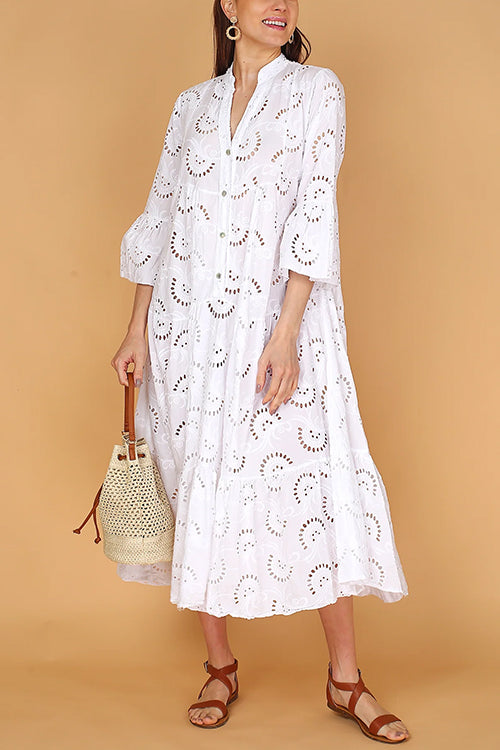 V Neck Flare Sleeves Lace Hollow Out Tiered Maxi Dress