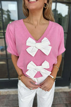 V Neck Short Sleeves Bow Knot Knit Top