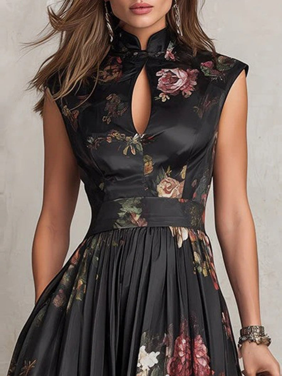 Chinese Collar Chinese Knot Hollow Sleeveless Black Midi Dresses