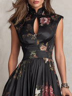 Chinese Collar Chinese Knot Hollow Sleeveless Black Midi Dresses