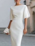 Solid Color Short-sleeved Fitted Waist Midi Dress