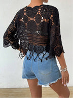 Crocheted Openwork Knit See-through Top, Solid Color Beach Bikini Cover-up