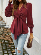 V-neck Tie-waist Solid Color T-shirt
