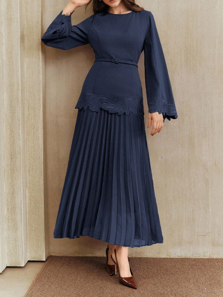 Applique Including Belt Pleats Maxi Dresses