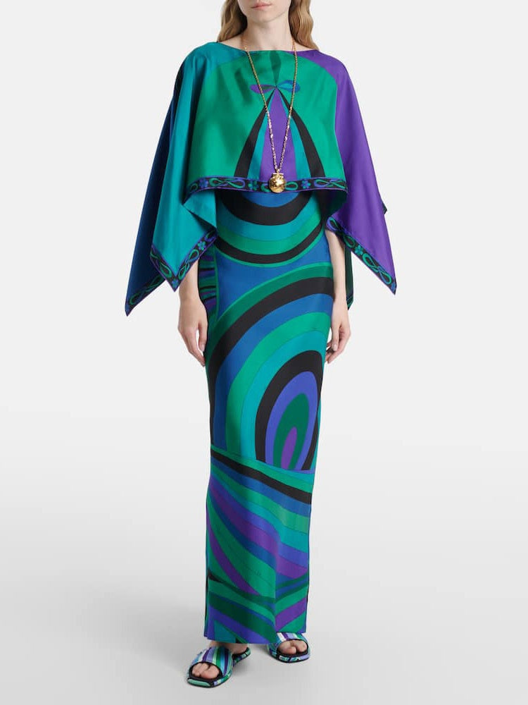 Abstract Irregular Print Shawl Dress Two-piece Set