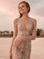 Deep V Long Sleeve Polka Dot Sequins Mini&Short Dresses