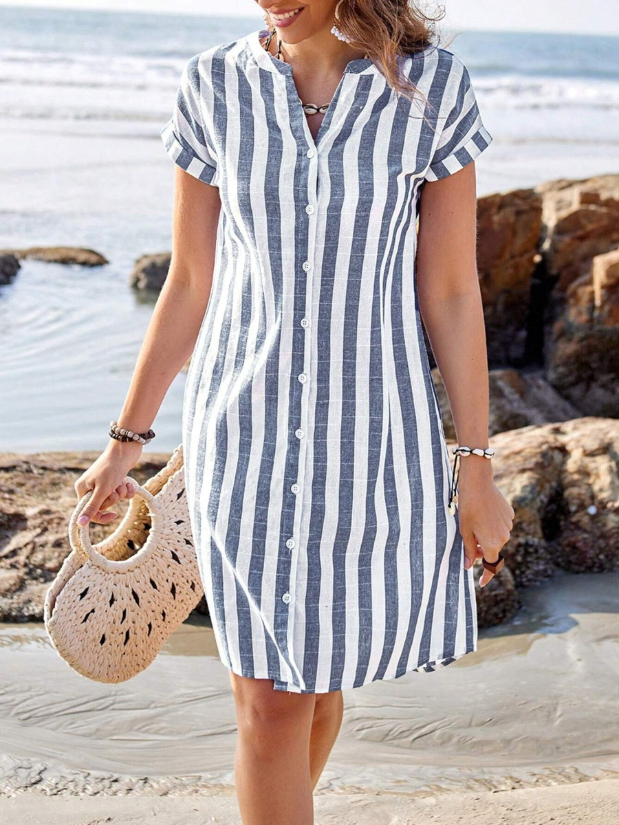 Buttons Stripes Mini&Short Dresses