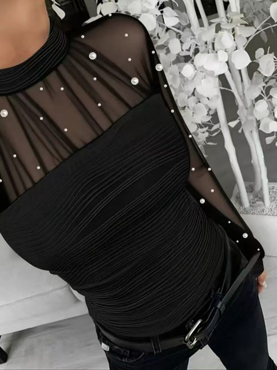 Beading Gathering Gauze T-shirt Sheer Tops