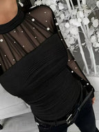 Beading Gathering Gauze T-shirt Sheer Tops