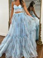 Floral Chiffon Elegant Midi Skirt Halter Neck Strap Set 2-piece Sets
